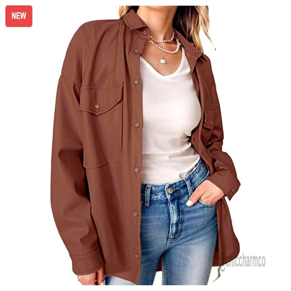 PU Leather Shacket Blazer Coat with Bust Pocket, Button Down, Hip Length
